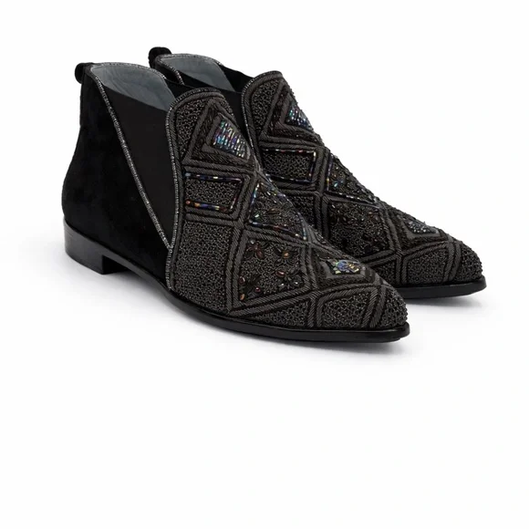 Meher Kakalia Embellished Beaded Black Suede Ankle Boots Size 37 - Picture 3 of 16